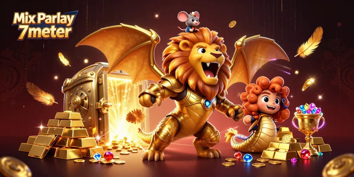 Experience excitement with Mix Parlay 7meter as the roaring chimera and mouse jockey uncover treasure in a vibrant 3D illustration.
