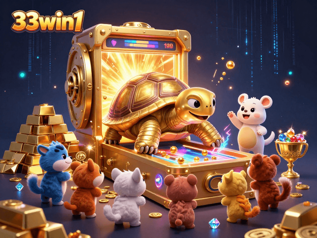 Engage with thrilling gambling action on 33win1 with golden treasures and vibrant 3D characters in this dynamic scene.