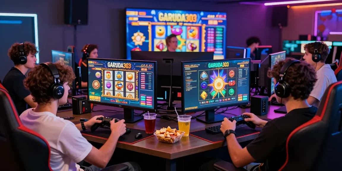 Group enjoying GARUDA303 online game on big screen, showcasing a vibrant and engaging gaming atmosphere.