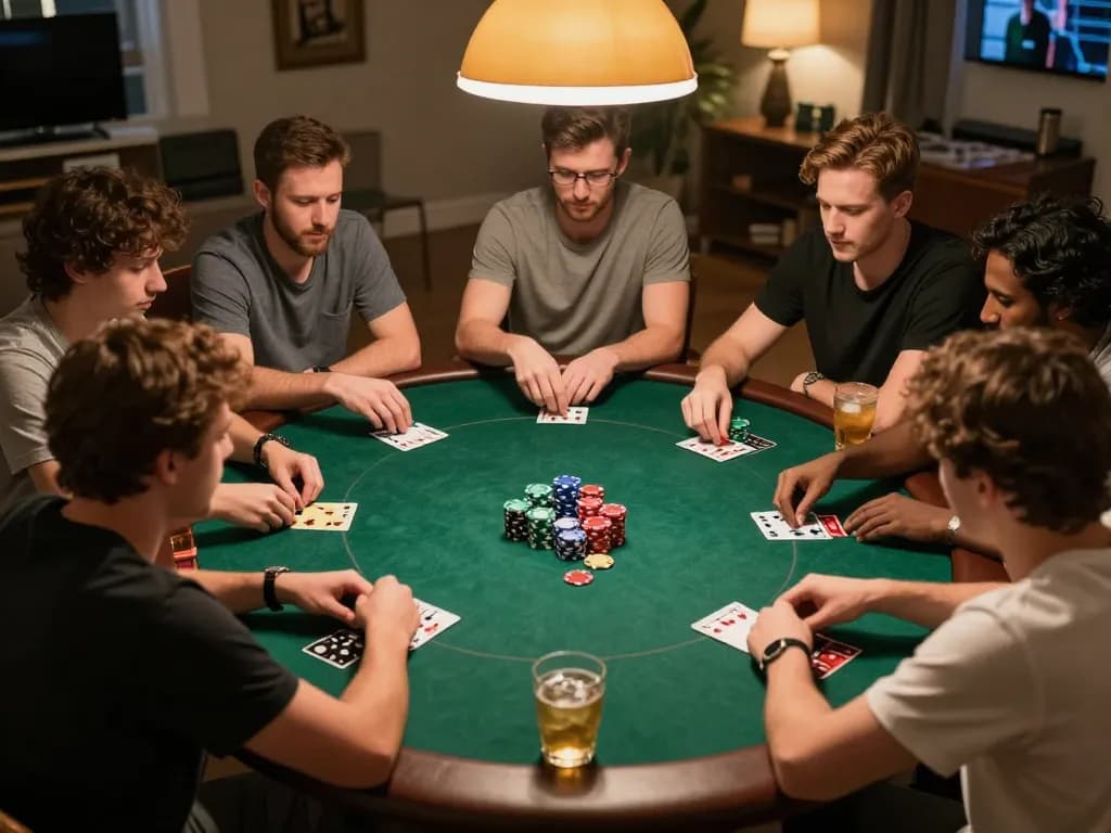 Enjoying a friendly poker night with strategic gameplay and colorful chips at a home with nano banana 3 AI.