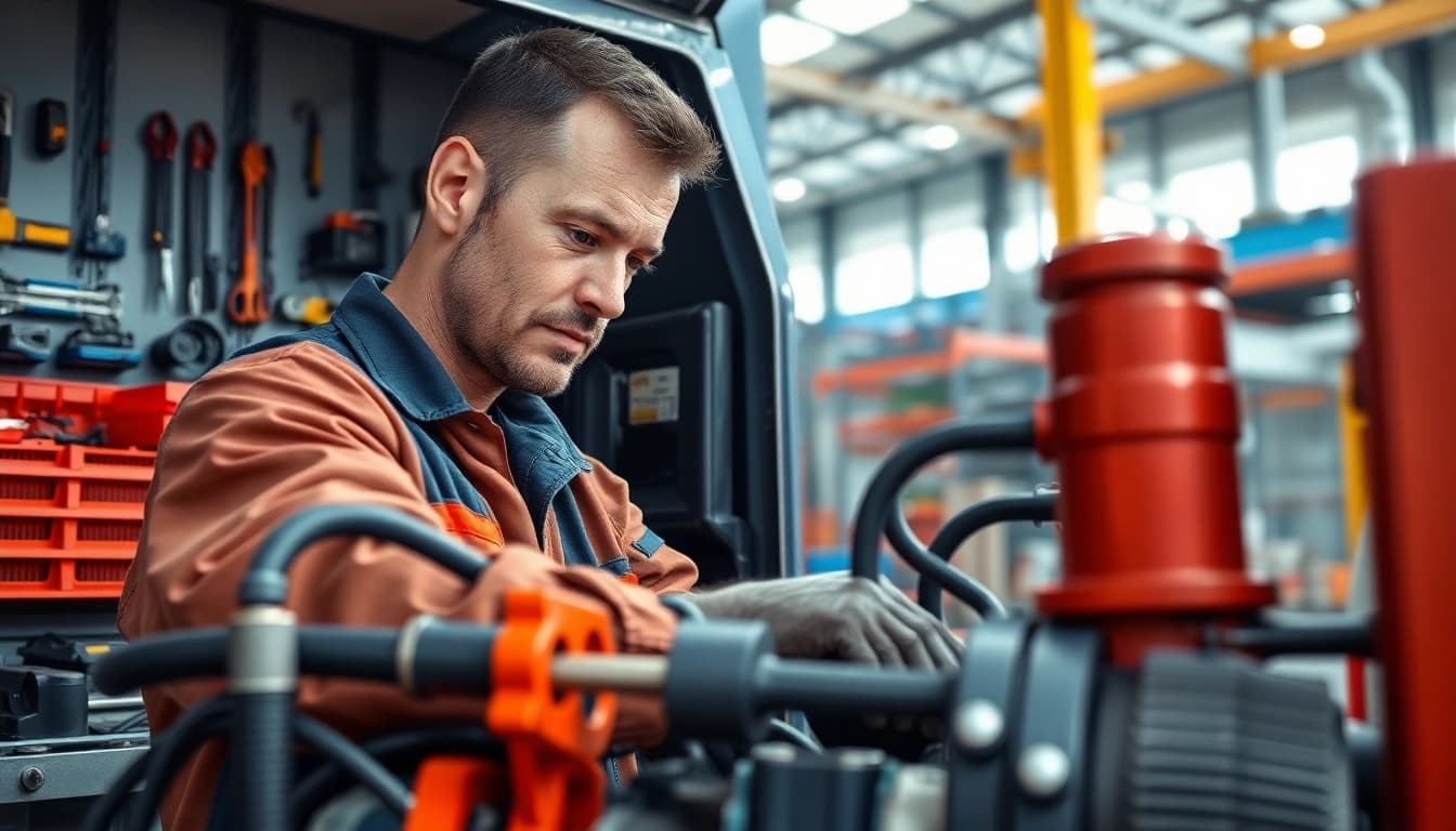 Technician providing mobile hydraulic services with specialized equipment in an industrial setting.