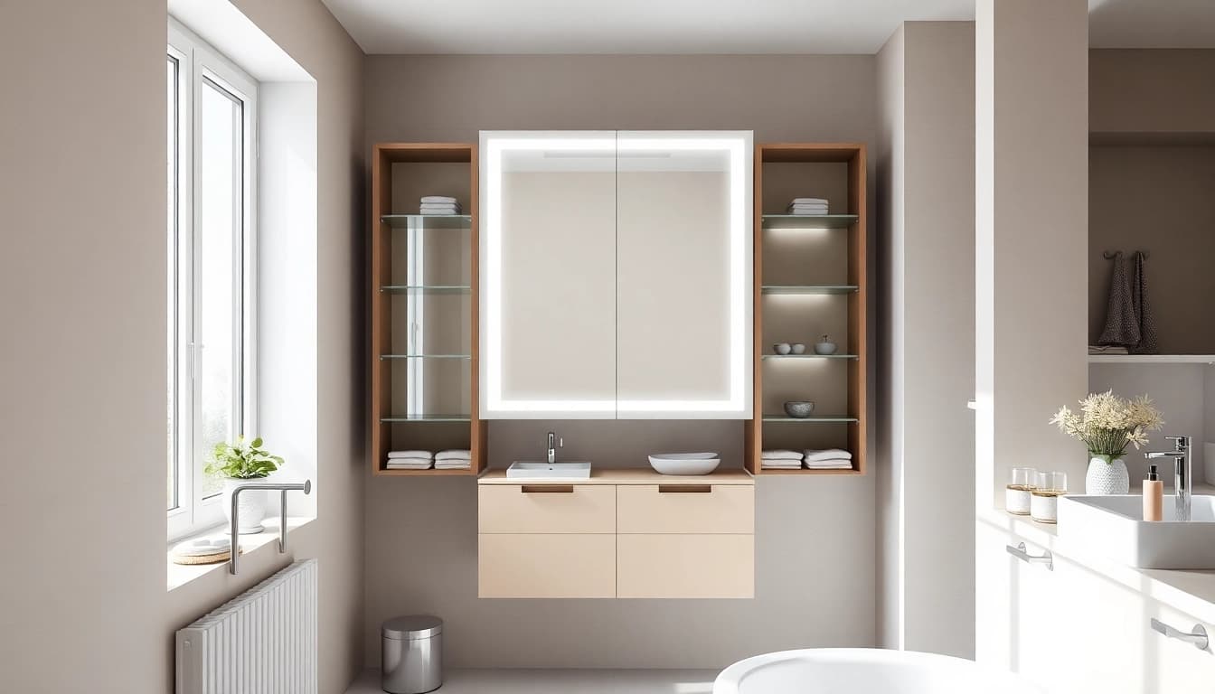 Funktionaler spiegelschrank mit led Beleuchtung im modernen Badezimmer.