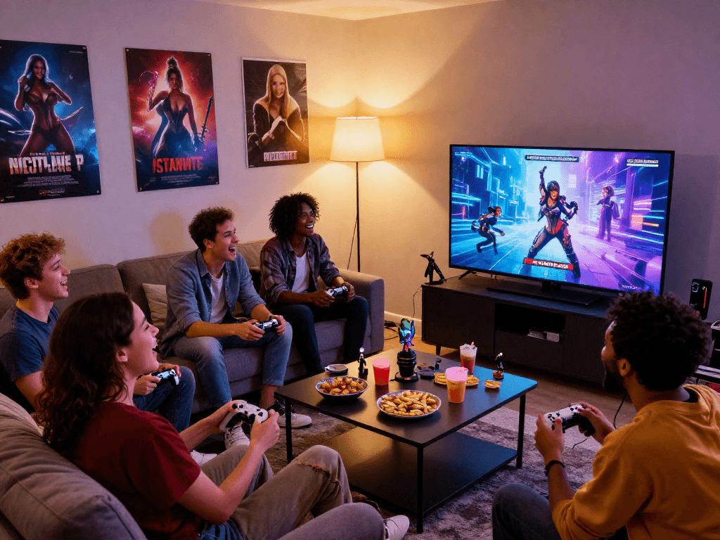 Friends enjoying a multiplayer sex game on a big screen, controllers in hand, cozy atmosphere with snacks.