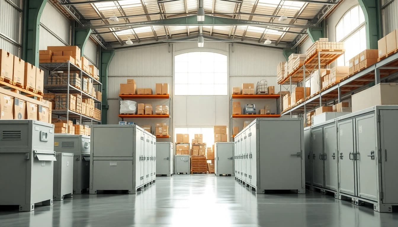 Organized self storage units in a modern environment with bright, inviting lighting.