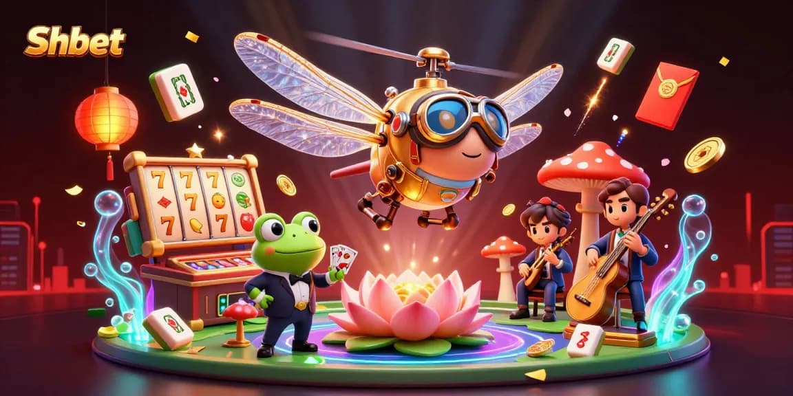 Shbet's exciting casino illustration featuring a whimsical dragonfly pilot, lively frog dealer, and jazz-playing crickets.