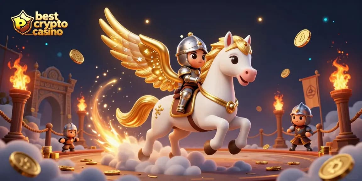 Profitez des avantages du meilleur casino crypto avec cette illustration dynamique mettant en scène un cheval céleste et un chevalier.