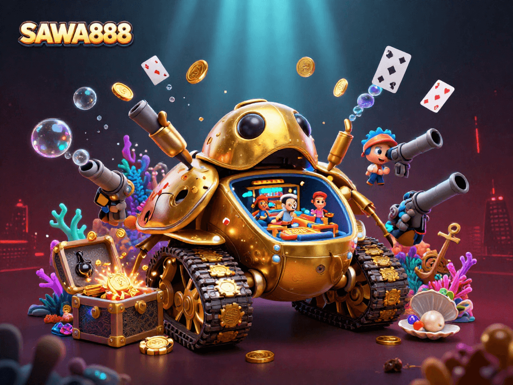 SAWA888 presents a vibrant illustration of a golden beetle casino with confetti and coins.