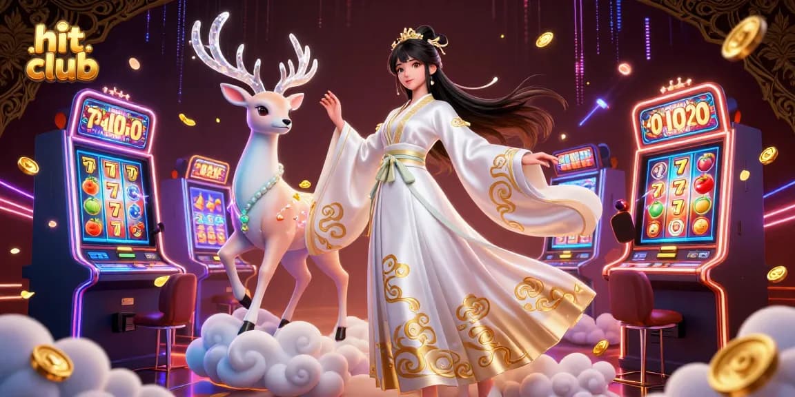 Experience vibrant gaming at hit club with slot machines, enchanting characters, and golden accents.