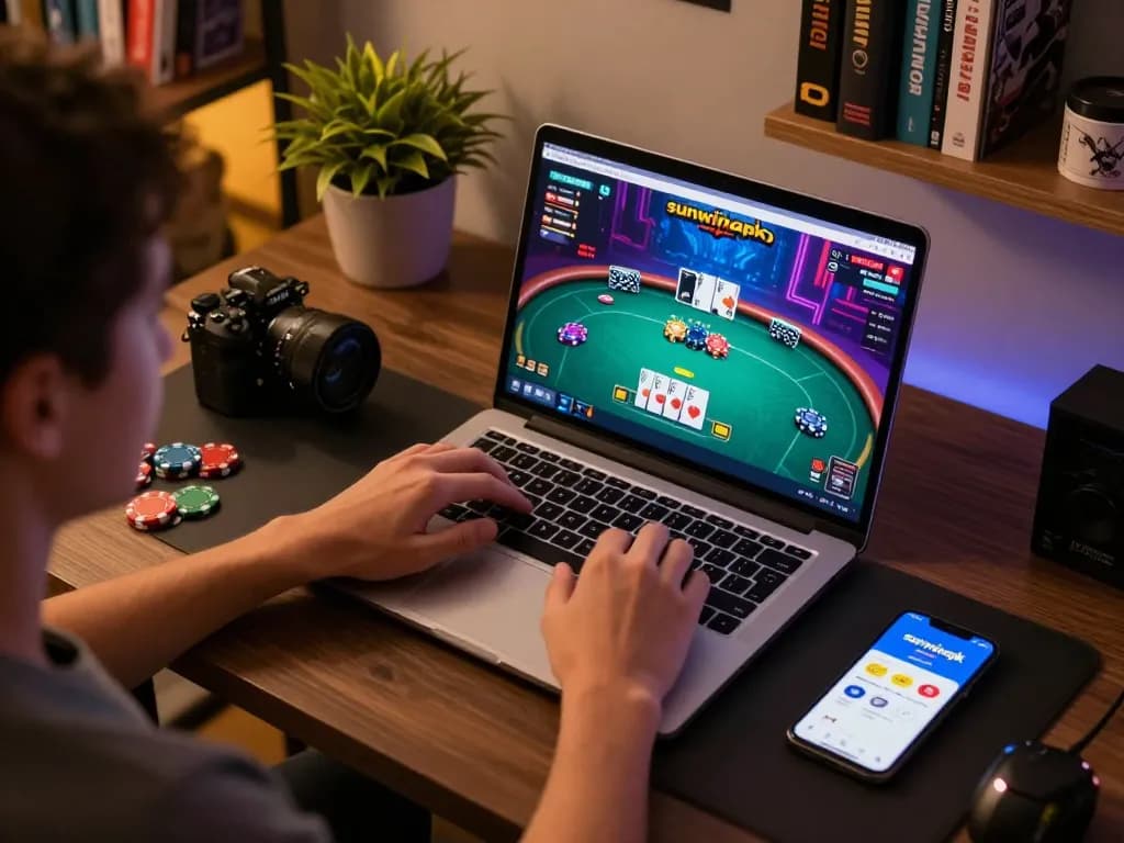 Engaging gameplay on the sunwinapk platform with poker action and a cozy desk setting