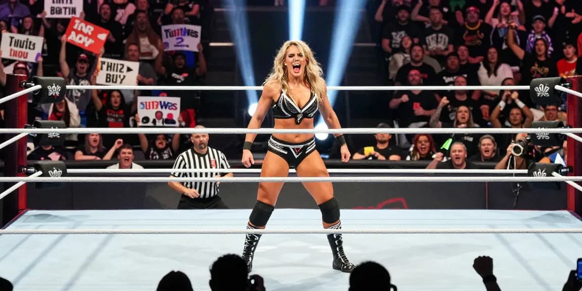 Alexa Bliss executing a signature move in the wrestling ring with fans cheering.