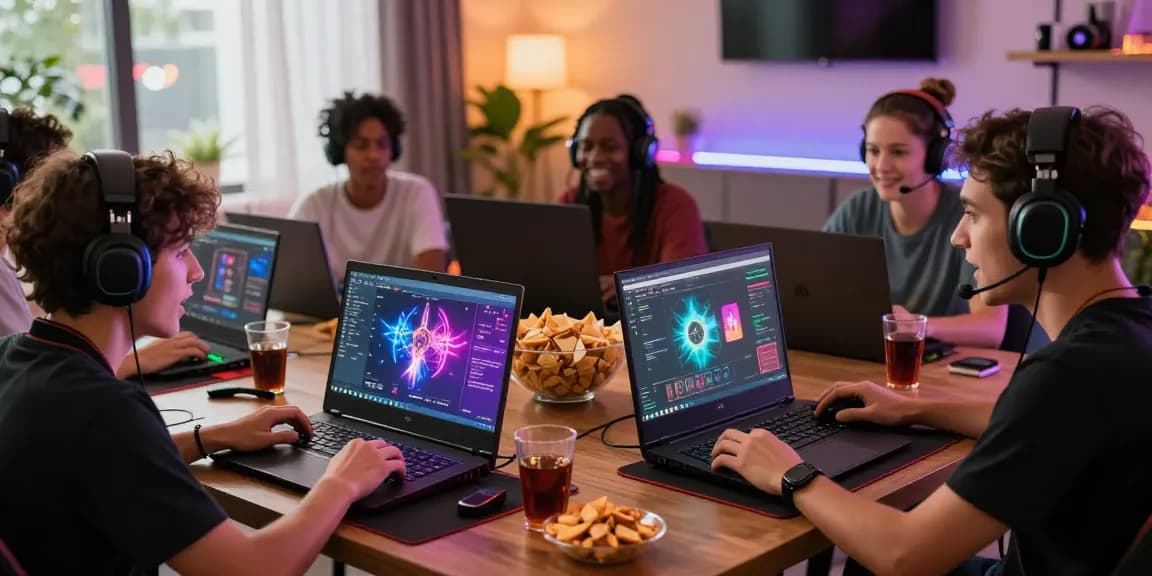 Engaged gamers exploring the garuda303 platform in a cozy, vibrant gaming setup.