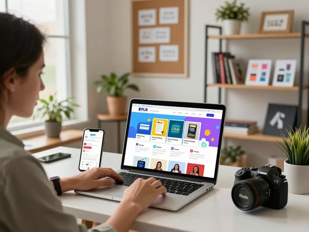 Buy PLR Digital Products in a bright e-commerce workspace with an entrepreneur browsing vibrant digital products.