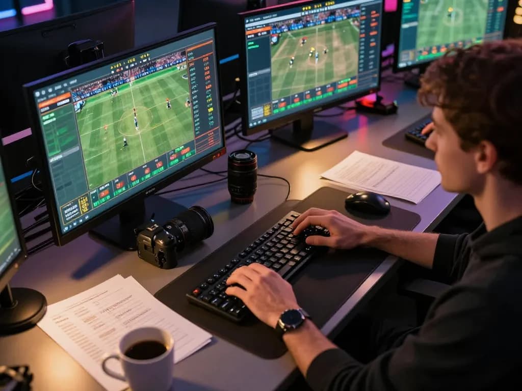 Person enthusiastically placing live sports bets on multiple screens, embodying F8beta2 ink's online gambling experience.