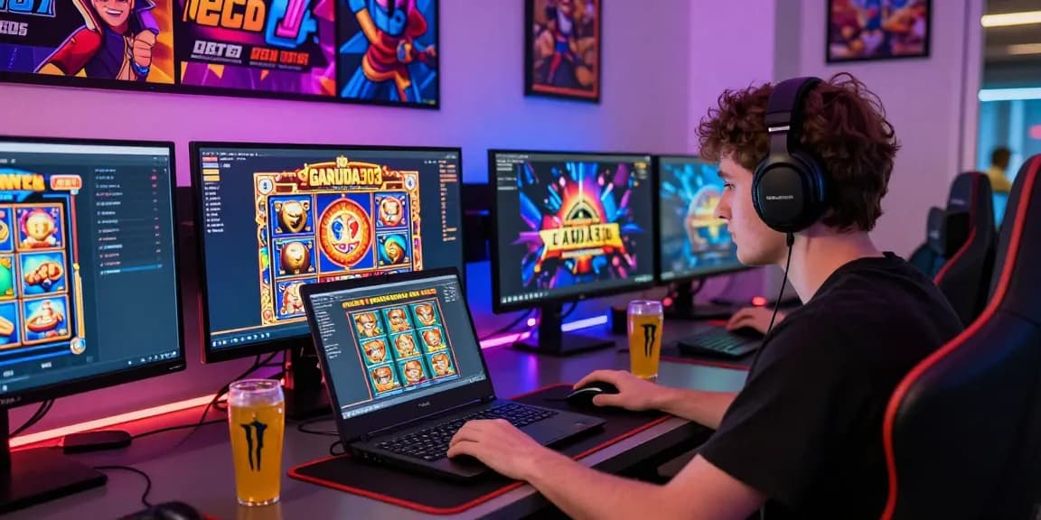 Gamer exploring GARUDA303 online platform, showcasing slot games and vibrant atmosphere.