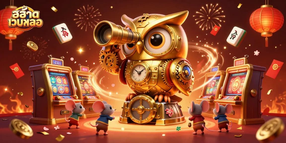 Play exciting slot games at สล็อตเว็บตรง with dynamic scenes featuring golden owls and festive elements.