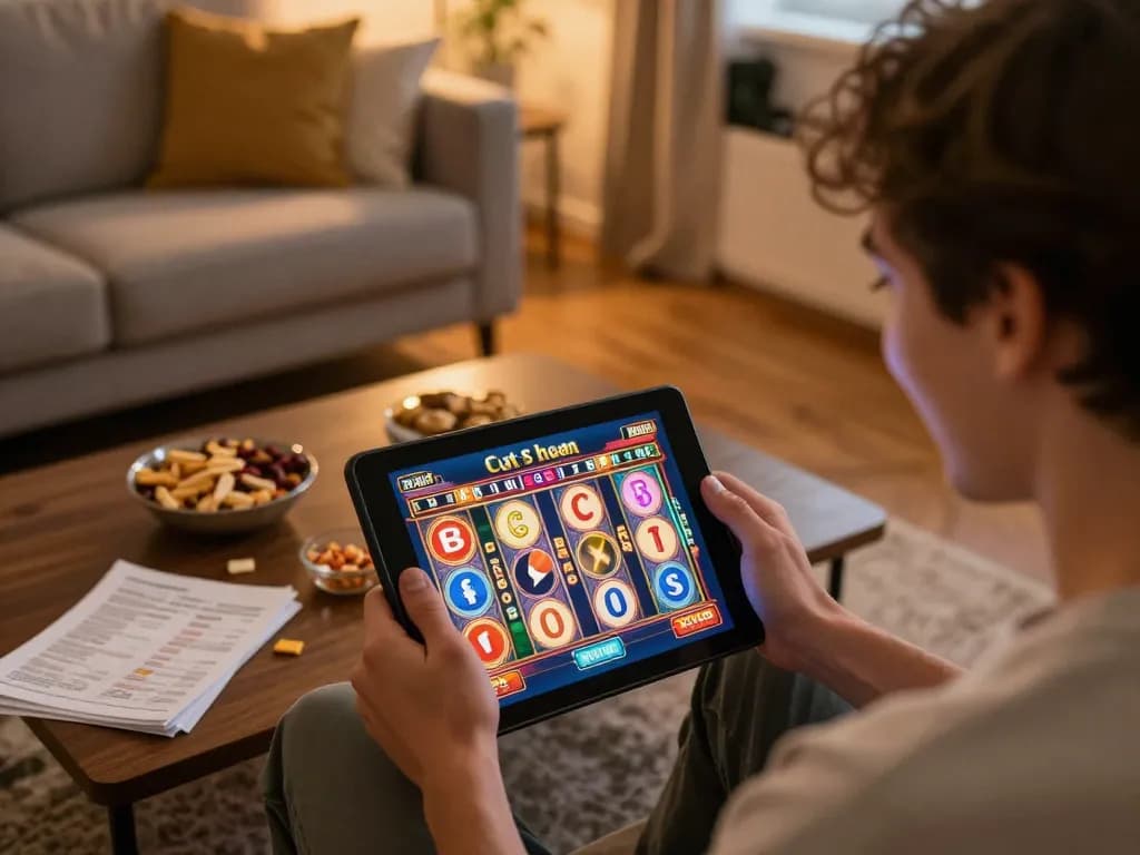 Enjoying slot 10rb on a tablet in a cozy home setting, showcasing responsible gaming