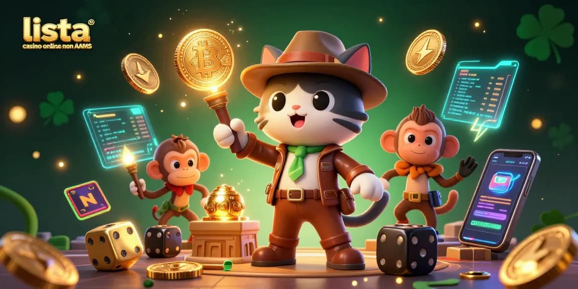 Interagisci con la lista casino online non AAMS, con un gatto esploratore cartoon e una scimmia che rivelano tesori all'interno di un vivace tempio a tema casino.