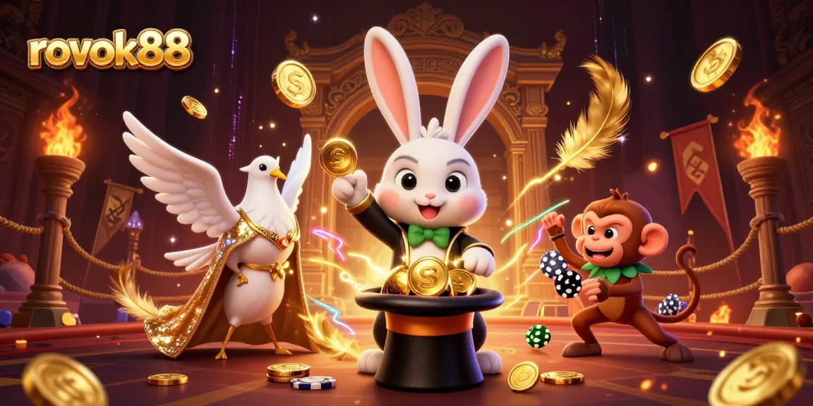 Experience rokok88's vibrant energy with a magician rabbit, dazzling dove, and monkey amidst captivating casino elements.