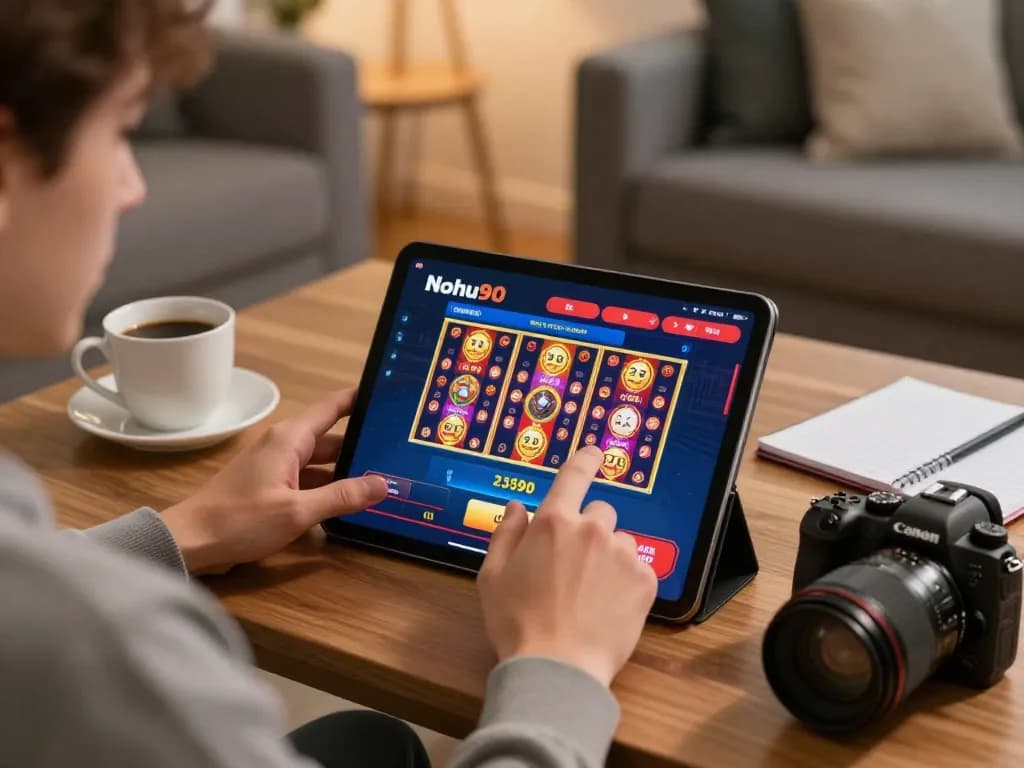 Nohu90 user engaging with online casino app, showcasing vibrant slot games and cozy home setup