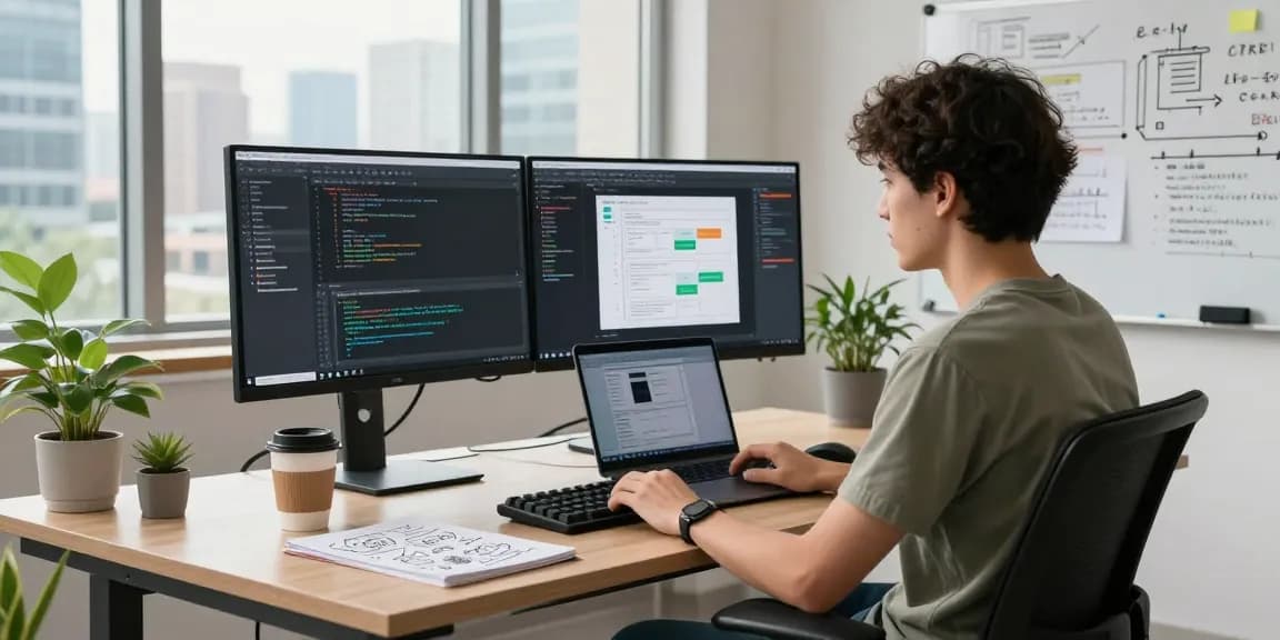 Engaging tech workspace with a developer coding 纸飞机中文版 on dual monitors, showcasing a modern office environment.