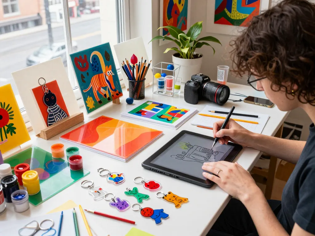 Custom acrylic keychain manufacturer at work in a vibrant studio, showcasing creative designs and colorful materials.