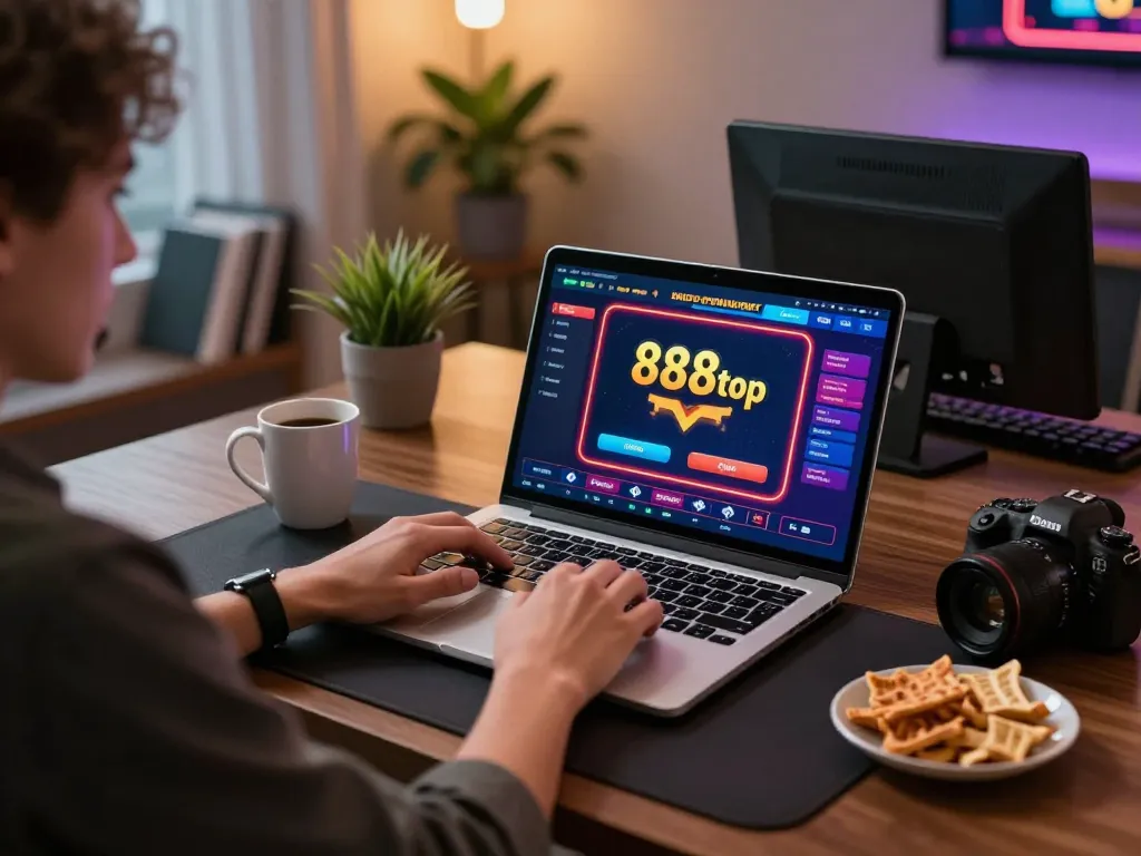 Engaging with 888top online casino on a laptop in a cozy home setting.