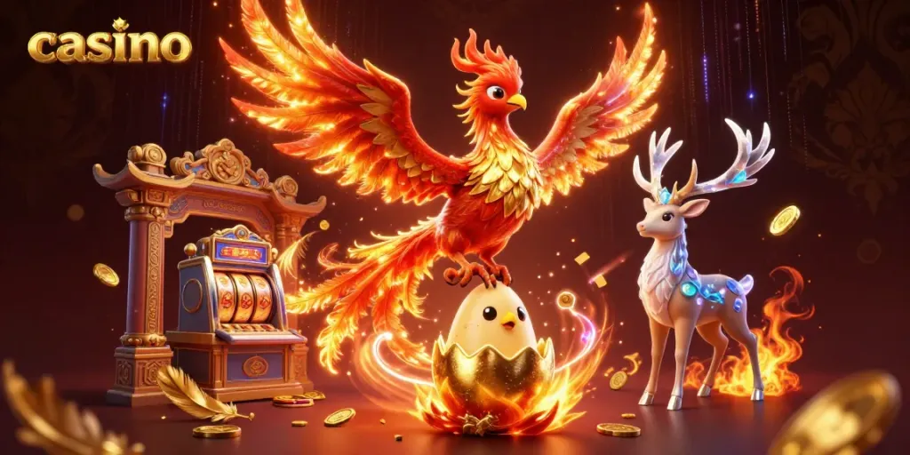 Experience vibrant casino excitement with a phoenix and rich gaming elements in this 3D illustration.
