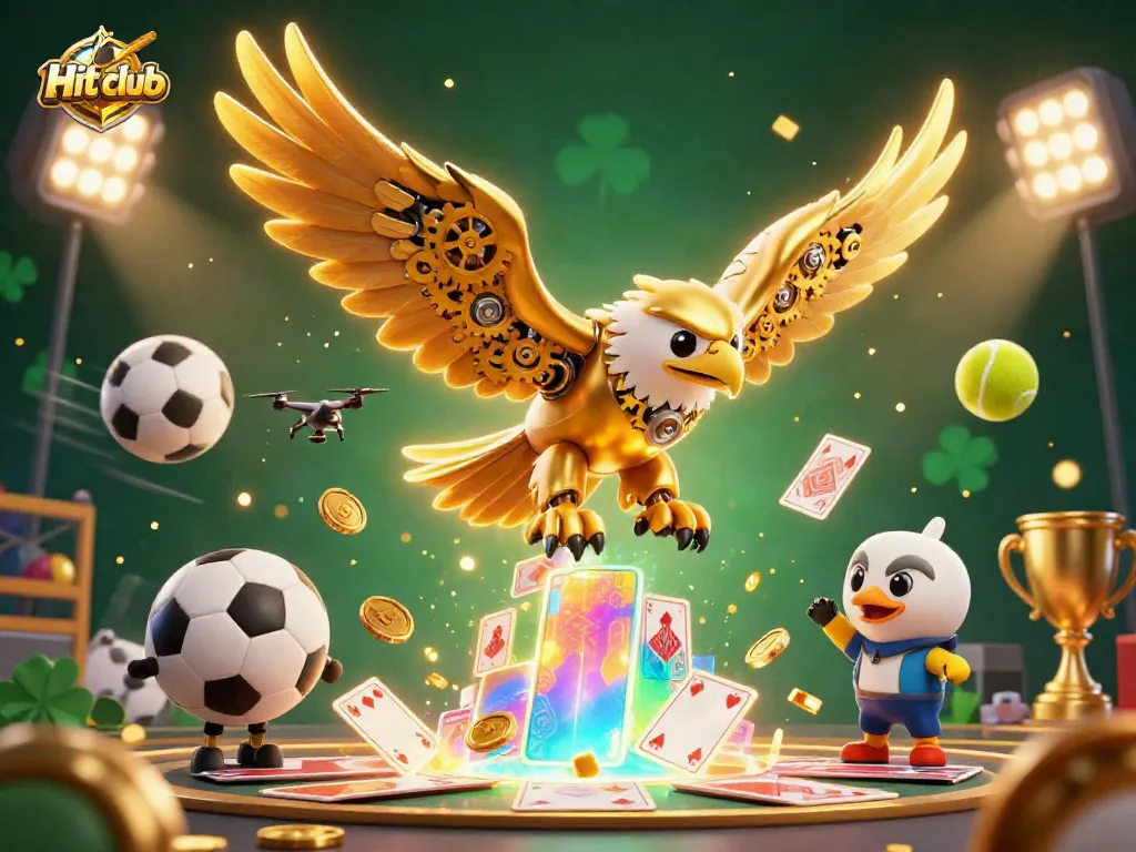 Experience the excitement at Hit club with a golden eagle soaring through a vibrant casino scene.