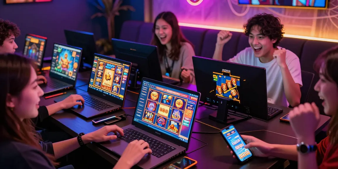 Excited players enjoying online slot games on garuda303 platform, vibrant gaming atmosphere.