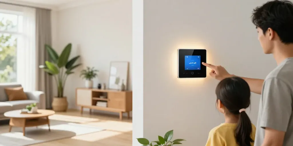 Interaction with کلید لمسی in a modern living room for smart home lighting