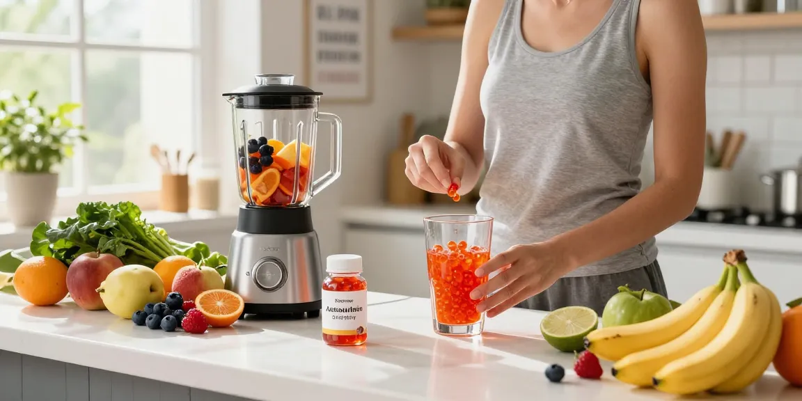 Healthy individual preparing smoothie with astaxanthin softgels in bright kitchen.