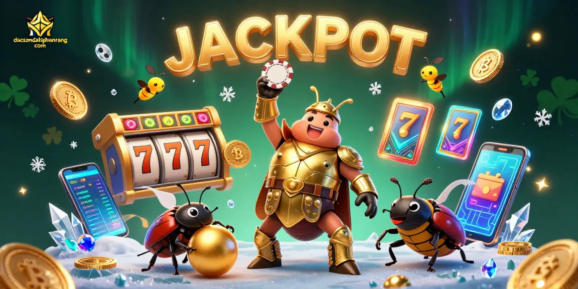 Experience vibrant slot excitement with dacsandatphanrang com jackpot scene, featuring a victorious beetle and glimmering coins.