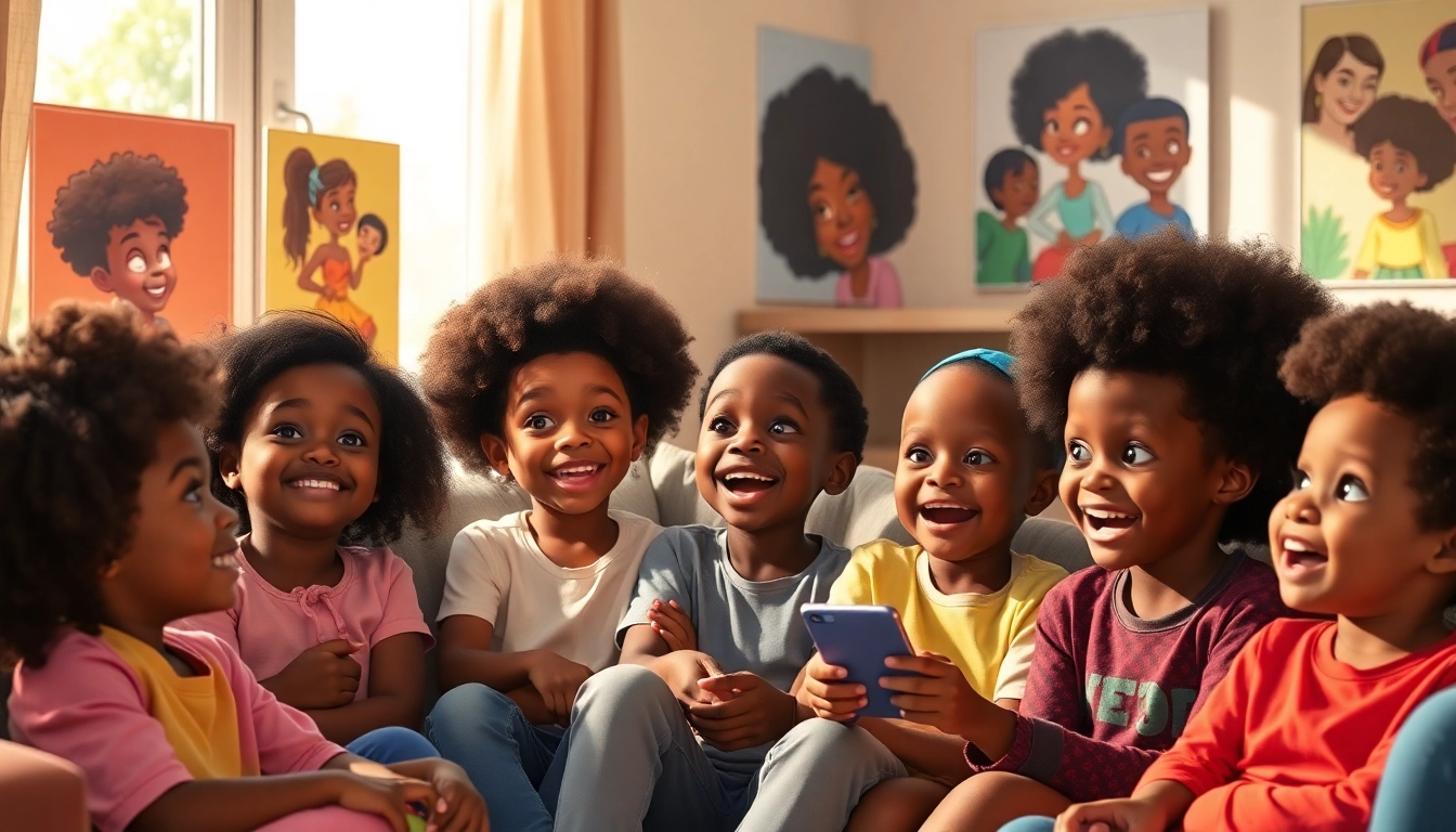 Children enjoying African American cartoons in a colorful and inviting living room.