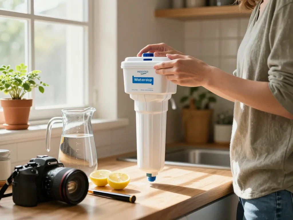 Homeowner replacing Waterdrop Alkaline LT1000PC ADQ747935 Replacement for LG® LT1000P® refrigerator water filter in a bright kitchen.