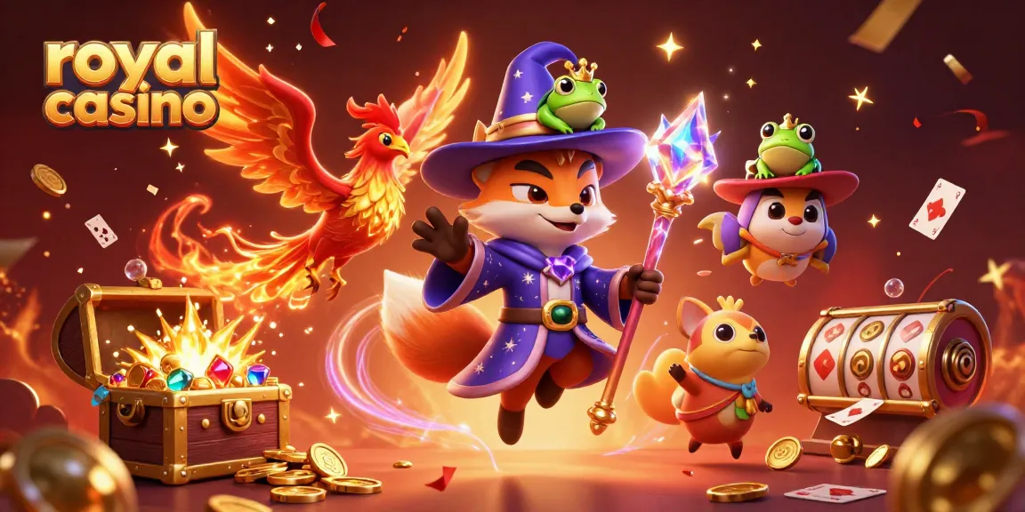 Engaging scene of royal casino elements with a wizard fox, phoenix, and enchanted frog showcasing the excitement of gaming.