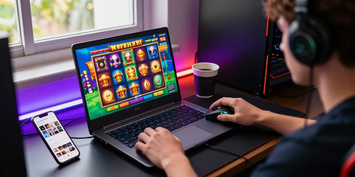 Exciting gaming atmosphere showcasing slot deposit 1k on laptop screen with colorful slot graphics.