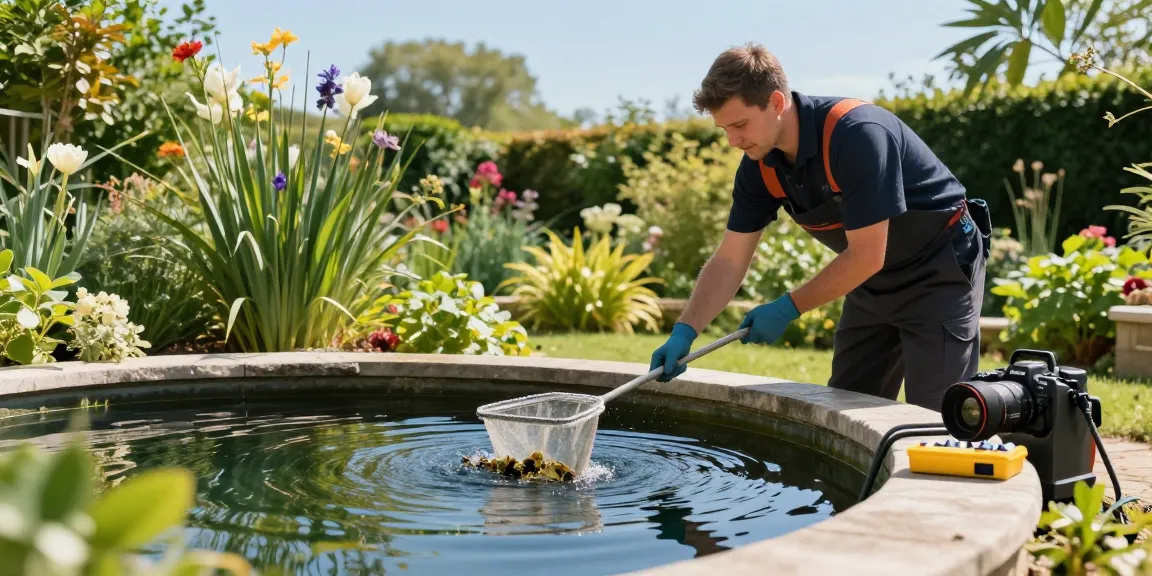 Pond Cleaning London service technician inspecting a clear pond in a garden, emphasizing professional pond maintenance.