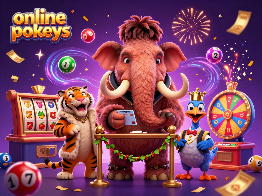 Join the fun at online pokies with mammoth bouncer and dynamic slot elements in a vibrant casino scene.