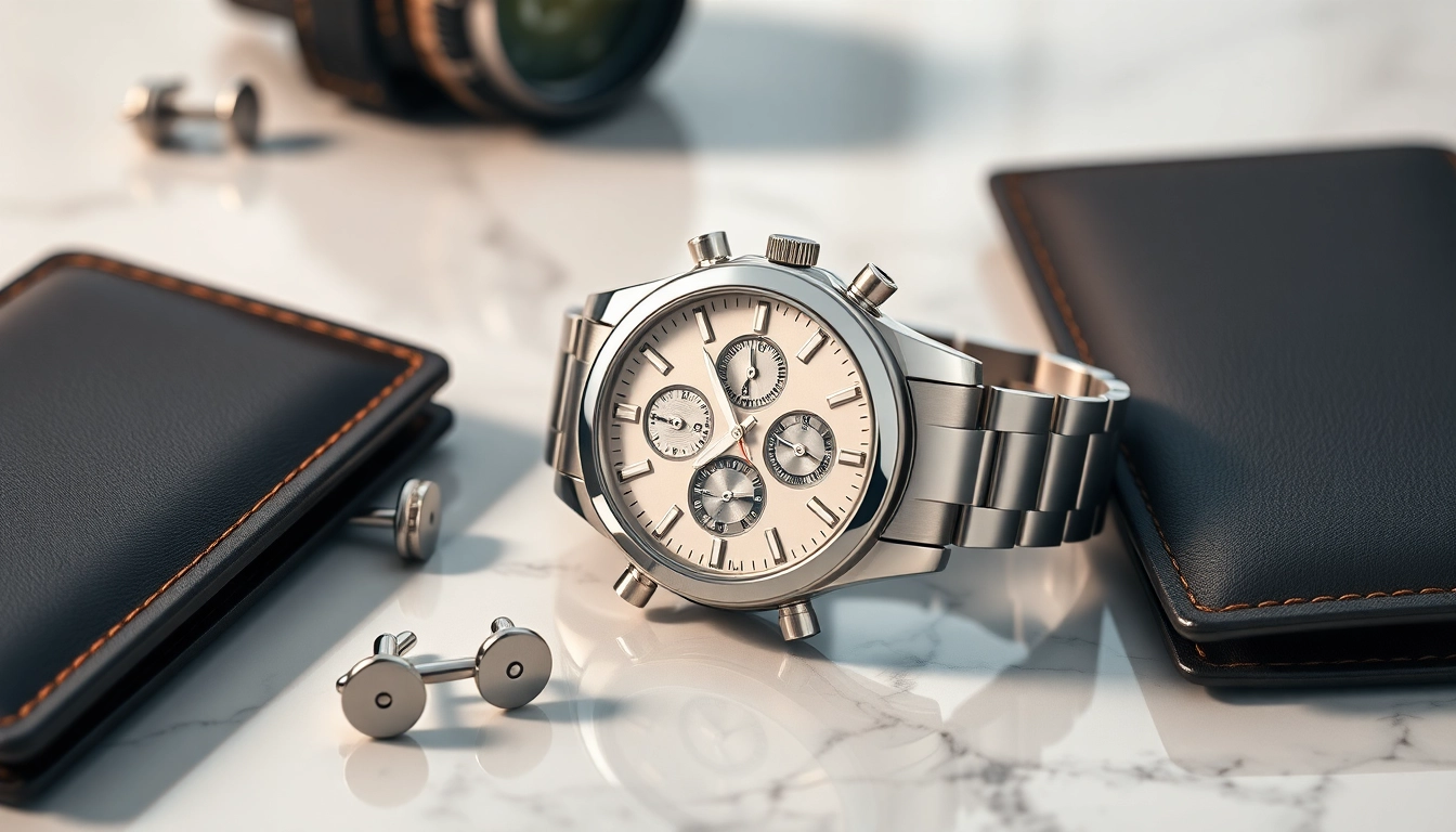 Showcasing a stunning replica watch alongside elegant accessories, capturing luxury style.