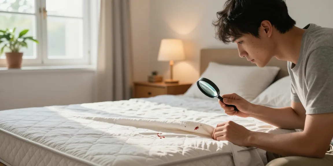 Homeowner inspecting bed for bed bugs with magnifying glass in cozy bedroom.