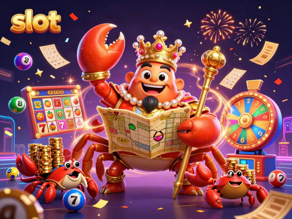 Experience thrilling slot action with a grand golden crab emperor amidst vibrant casino elements.