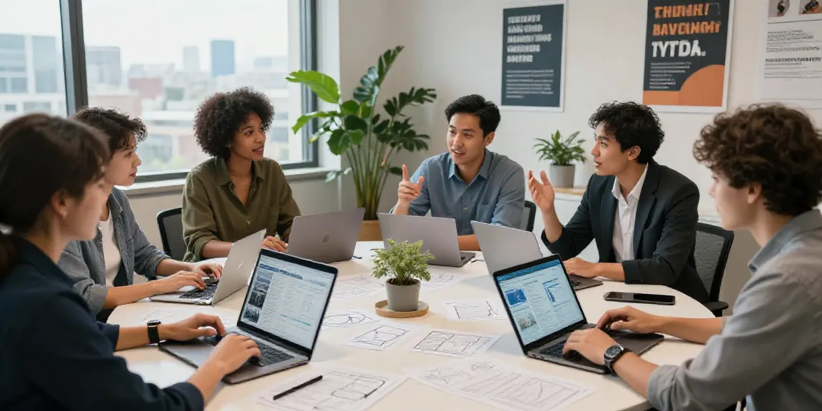 Marketing team engaging in AI content generation for digital marketing agencies, collaborating around a round table with laptops and strategy documents.
