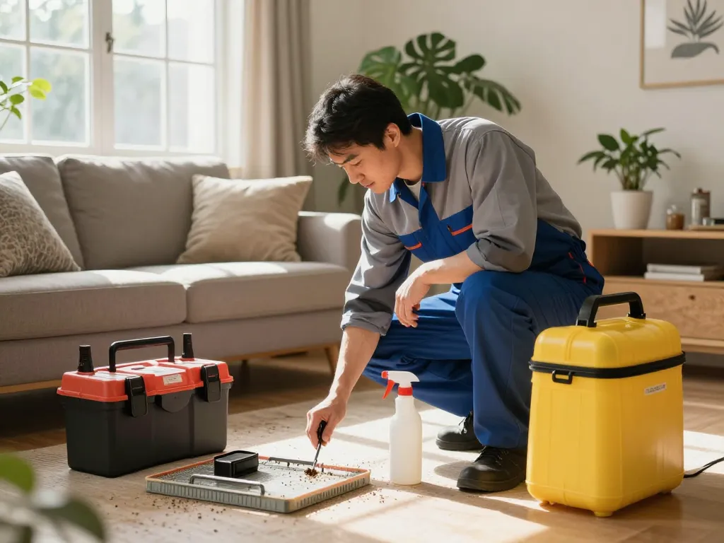 Pest control expert inspecting home for insects, showcasing professional tools and bright natural lighting.