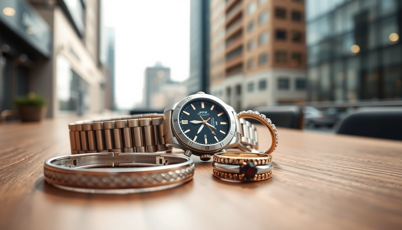 Stylish men’s jewelry collection showcased on a modern table featuring a silver bracelet, watch, and ring.