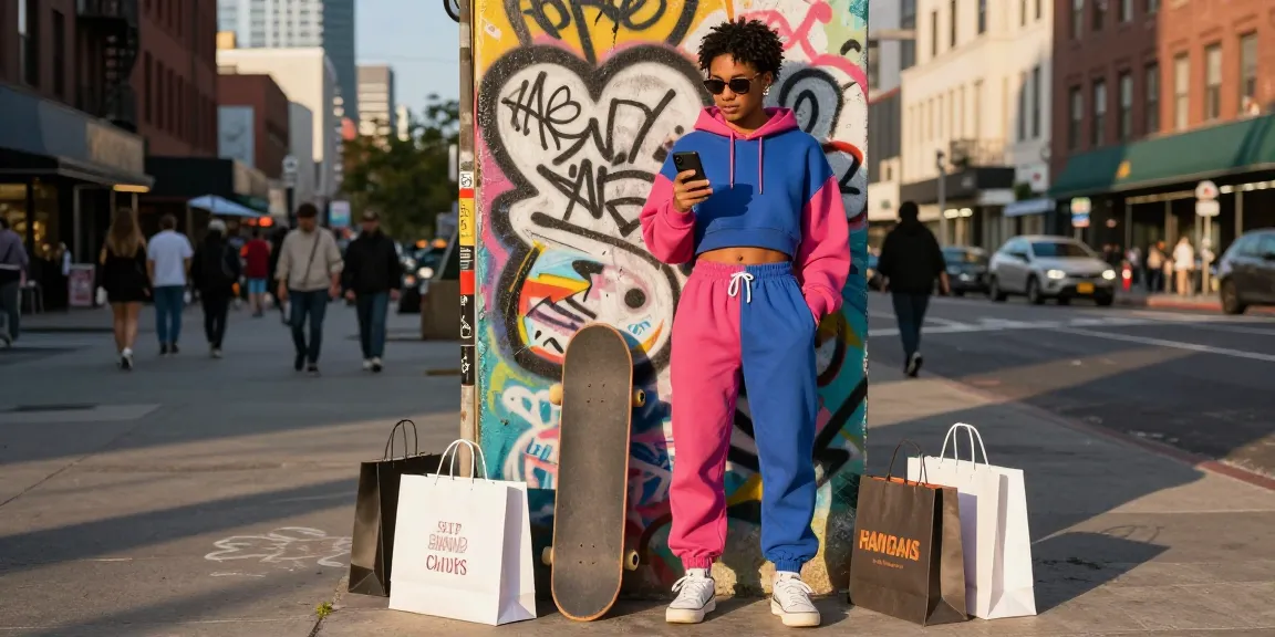 Fashionable individual checking trends at https://shs-dome5.com/ in vibrant urban scene, showcasing modern athleisure style.