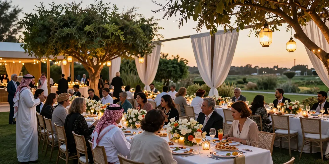 Event rental KSA outdoor banquet with elegant setup and guests enjoying the ambiance.