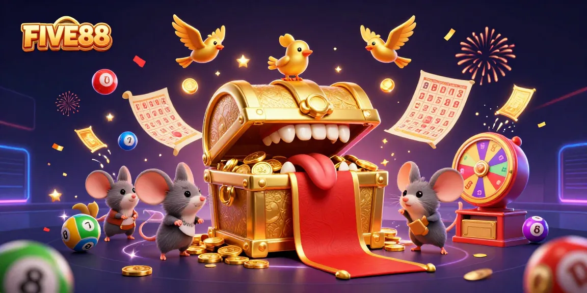 Engage with FIVE88's vibrant gaming atmosphere, featuring dynamic lottery elements and rich celebratory effects.