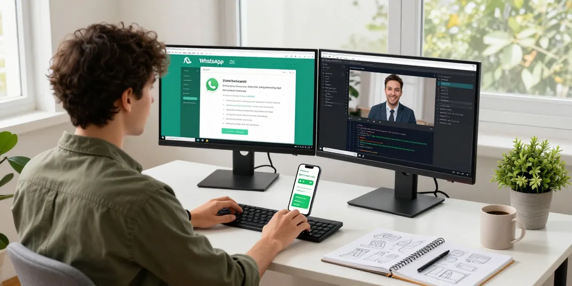 Engaged user exploring WhatsApp電腦版 on dual monitors in a modern home office setup.