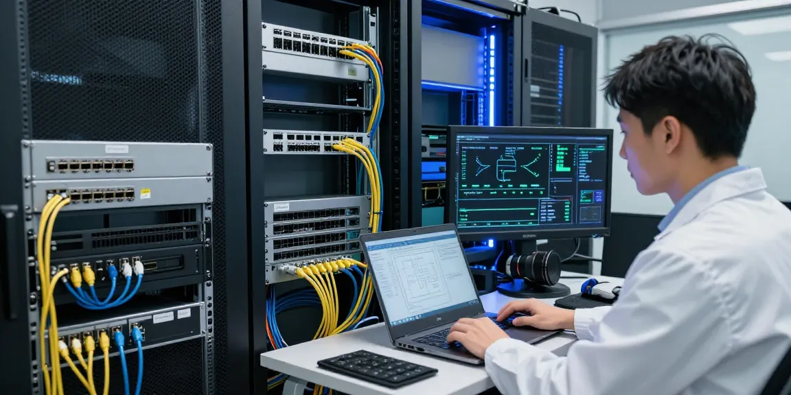 C19/C20 connectors in a professional server room with IT technician managing network infrastructure.