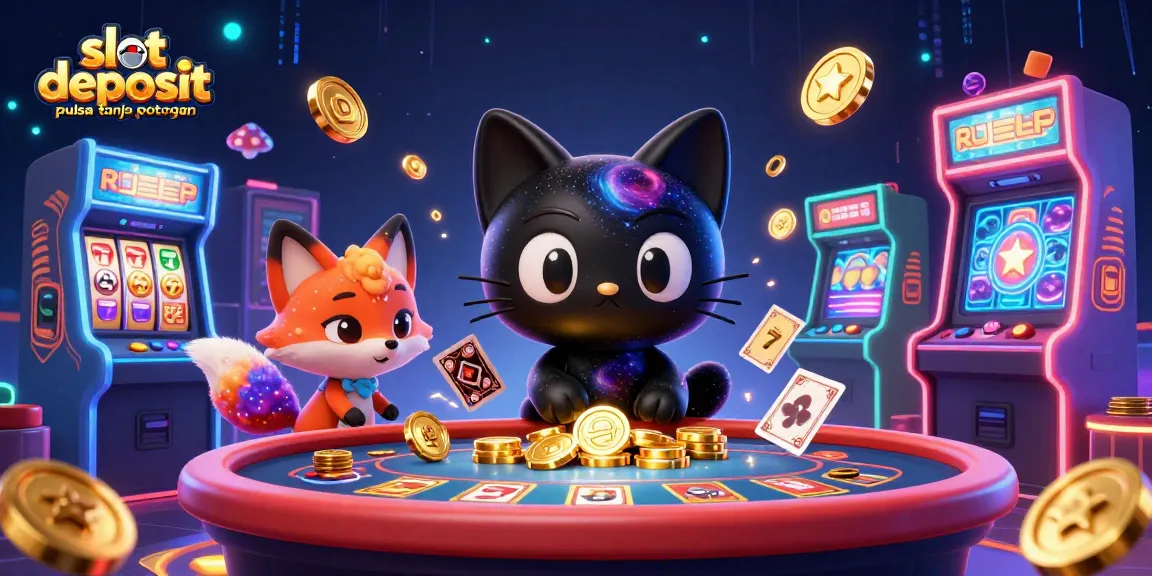 Menyenangkan dengan slot deposit pulsa tanpa potongan, cat galaksi dan fox nebulosa menarik chip emas di meja kasino digital.